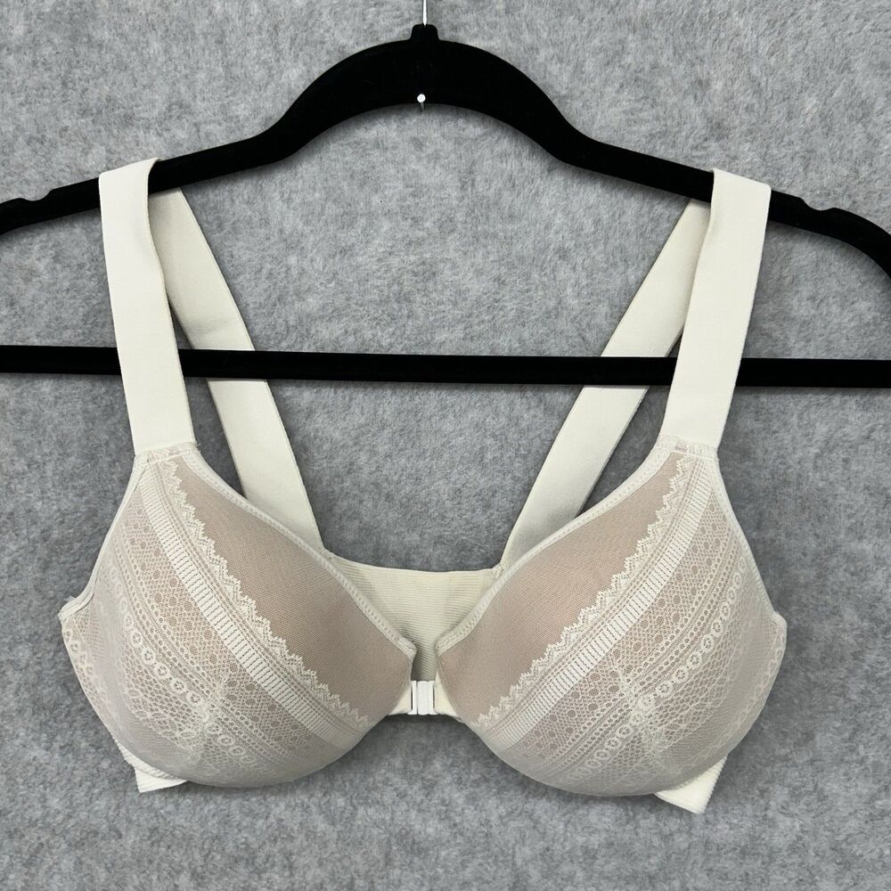 Spanx Bra 34C Front Closure white and brige Lace Pattern bra - llelujah